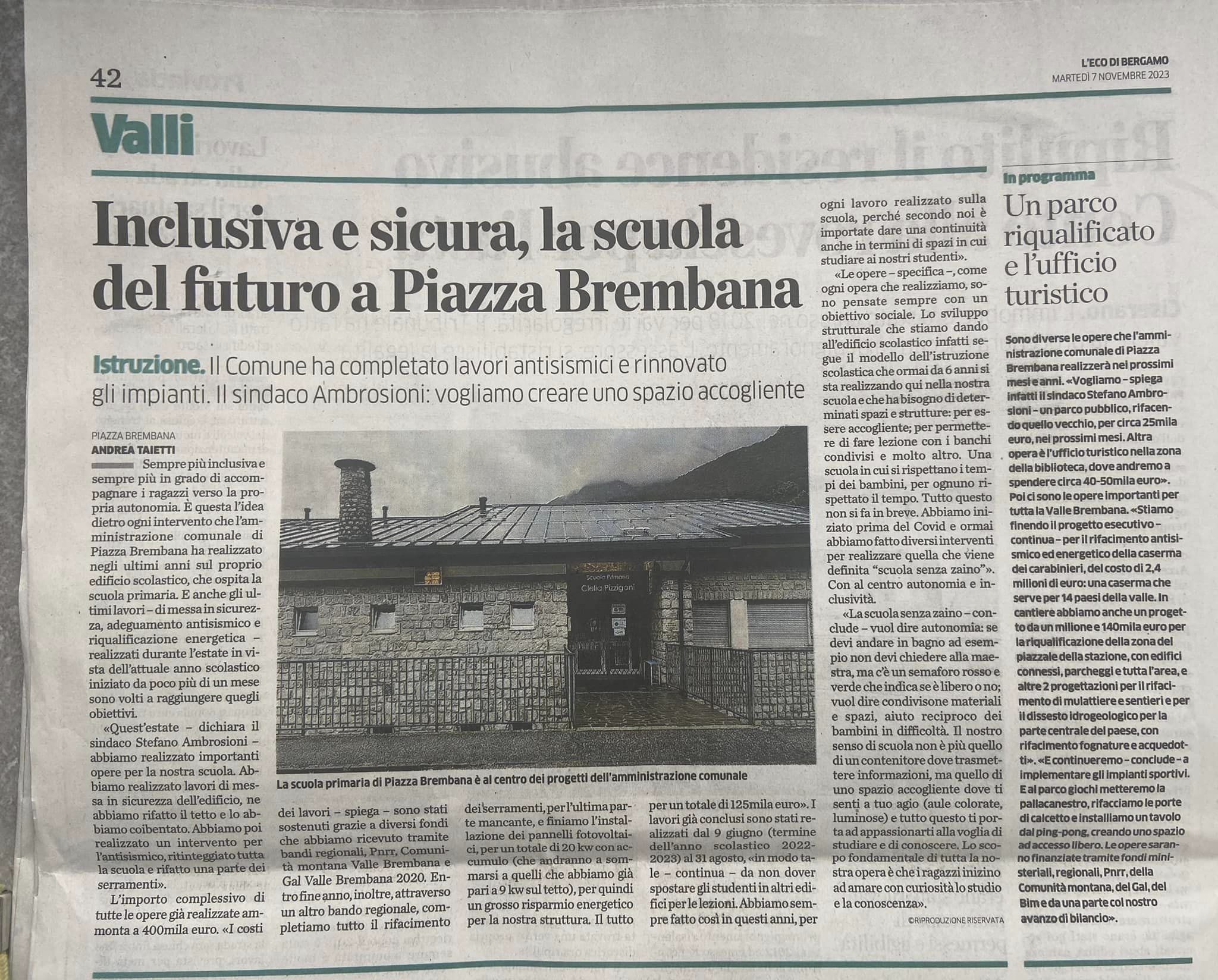 Articoli dell'Eco di Bergamo riguardo i progetti della scuola di Piazza Brembana